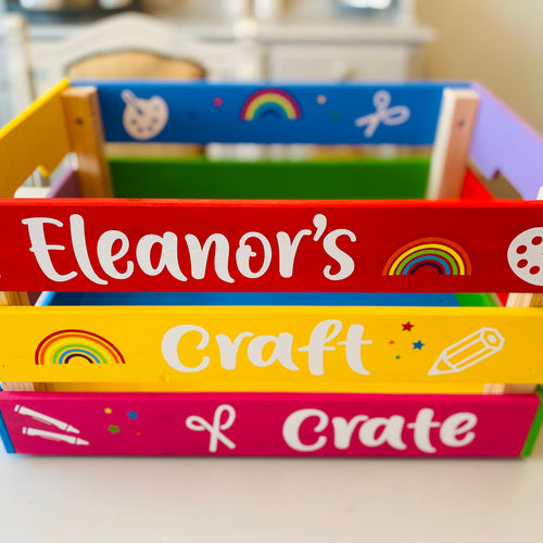 hand painted in rainbow colours large wooden craft crate personalised