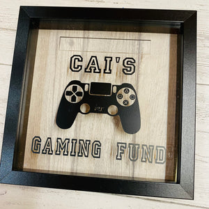 personalised gaming fund money box in a frame with controller image