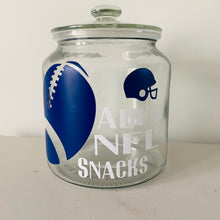 Load image into Gallery viewer, personalised NFL snack jar with american football image and helmet and your name
