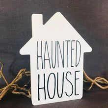 Load image into Gallery viewer, freestanding wooden house halloween decoration with haunted house text on front
