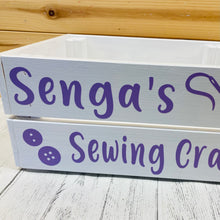 Load image into Gallery viewer, painted wooden crate personalised to keep sewing or knitting things in
