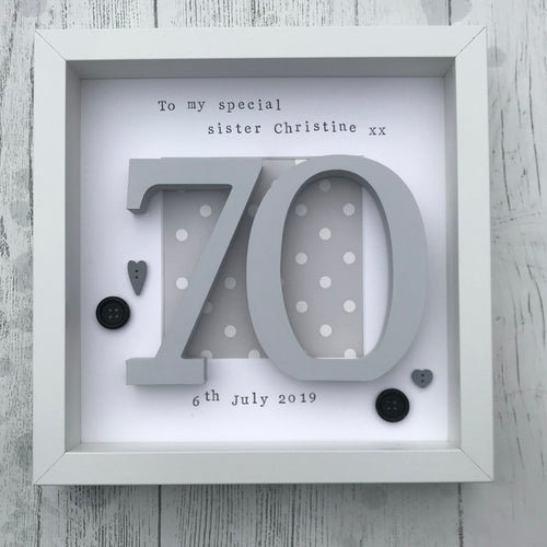 large wooden number 70 in a white frame birthday gift