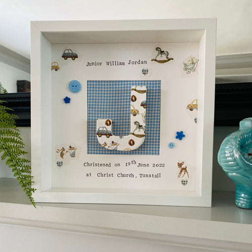 Decoupaged initial in frame with gingham blue background, personalised christening gift