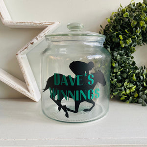 glass jar with horse image personalised racing fund jar