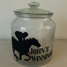 Load image into Gallery viewer, glass jar with horse image personalised racing fund jar
