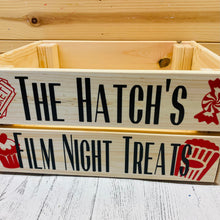 Load image into Gallery viewer, Personalised wooden film night treat crate with popcorn sweet and ticket images
