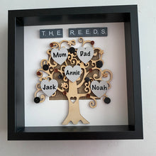 Load image into Gallery viewer, wooden framed family tree neutral colours names on hearts
