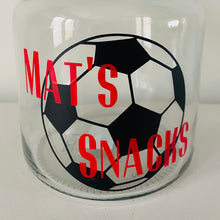 Load image into Gallery viewer, glass snack jar with football image and personalised text
