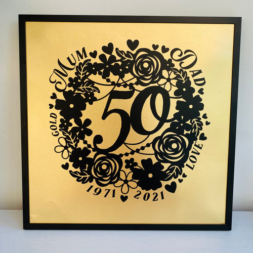 black floral wreath image with 50 in the middle and a gold background with wedding anniversary details around the wreath in black frame
