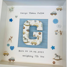 Load image into Gallery viewer, new baby personalised frame with initial in the middle
