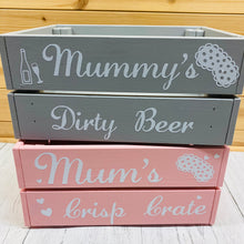 Load image into Gallery viewer, personalised wooden crate to fill with pamper treats with your choice of text
