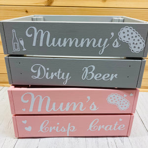 personalised wooden crate to fill with pamper treats with your choice of text