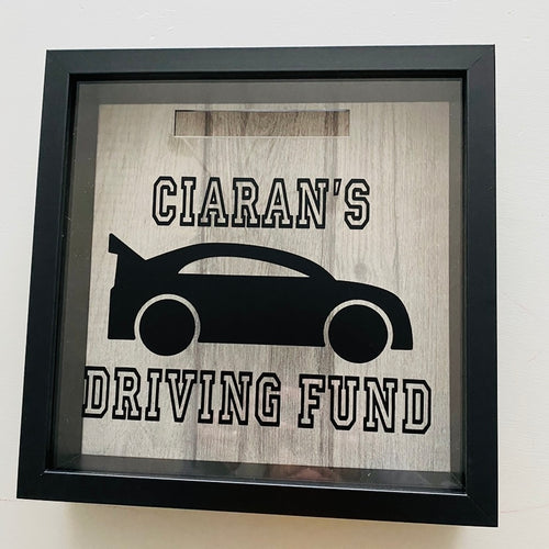 personalised driving fund money box frame