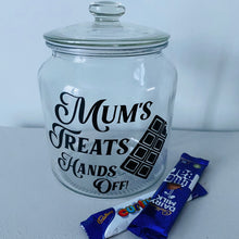 Load image into Gallery viewer, personalised glass treat jar with your choice of text and sweet or chocolate image
