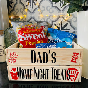 Personalised wooden film night treat crate with popcorn sweet and ticket images