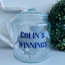 Load image into Gallery viewer, glass jar with horse image personalised racing fund jar
