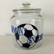 Load image into Gallery viewer, glass snack jar with football image and personalised text
