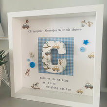 Load image into Gallery viewer, new baby personalised frame with initial in the middle
