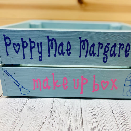 Personalised hand painted wooden make up storage crate with lipstick and make up images