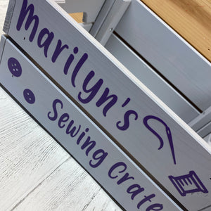 painted wooden crate personalised to keep sewing or knitting things in