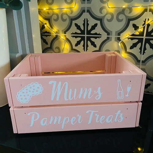 personalised wooden crate to fill with pamper treats with your choice of text