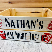 Load image into Gallery viewer, natural wooden crate personalised with your choice of text with popcorn sweet cupcake and ticket image
