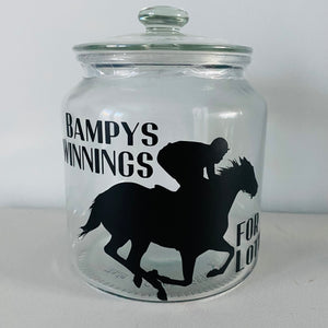 glass jar with horse image personalised racing fund jar