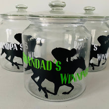 Load image into Gallery viewer, glass jar with horse image personalised racing fund jar
