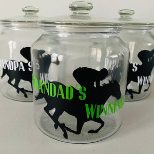 glass jar with horse image personalised racing fund jar