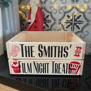 natural wooden crate personalised with your choice of text with popcorn sweet cupcake and ticket image