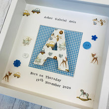 Load image into Gallery viewer, new baby personalised frame with initial in the middle
