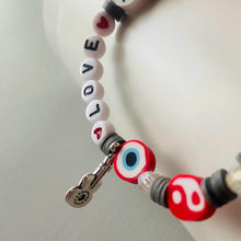 Load image into Gallery viewer, love and peace beaded elasticated bracelet in grey white and red
