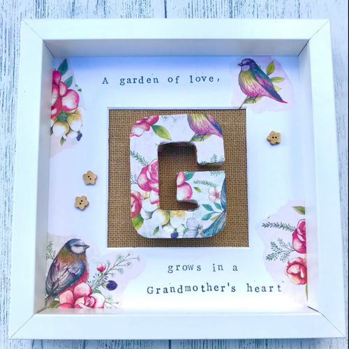 box frame decoupaged personalised gift for grandma with pink birds