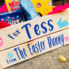 Load image into Gallery viewer, natural wood personalised easter crate with bunny and egg images
