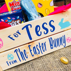 natural wood personalised easter crate with bunny and egg images