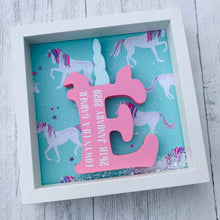 Load image into Gallery viewer, personalised child&#39;s initial with a unicorn horn on a unicorn background in a frame
