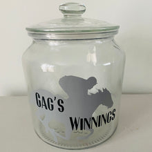 Load image into Gallery viewer, glass jar with horse image personalised racing fund jar
