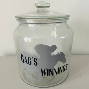 glass jar with horse image personalised racing fund jar