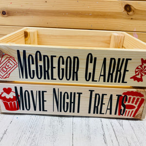 Personalised wooden film night treat crate with popcorn sweet and ticket images