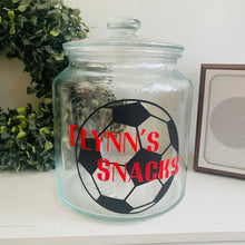 Load image into Gallery viewer, glass snack jar with football image and personalised text
