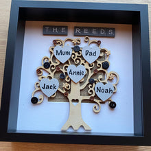 Load image into Gallery viewer, wooden framed family tree neutral colours names on hearts
