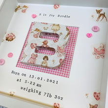 Load image into Gallery viewer, baby girl personalised box frame with decoupage vintage style paper and hand stamped text
