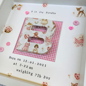 baby girl personalised box frame with decoupage vintage style paper and hand stamped text