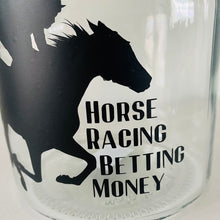 Load image into Gallery viewer, glass jar with horse image personalised racing fund jar
