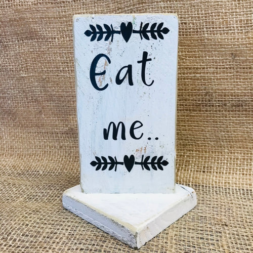 eat me wooden sign to go on sweet table alice in wonderland wedding