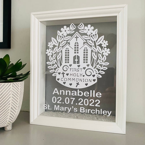 personalised first holy communion framed gift with choice of background colour