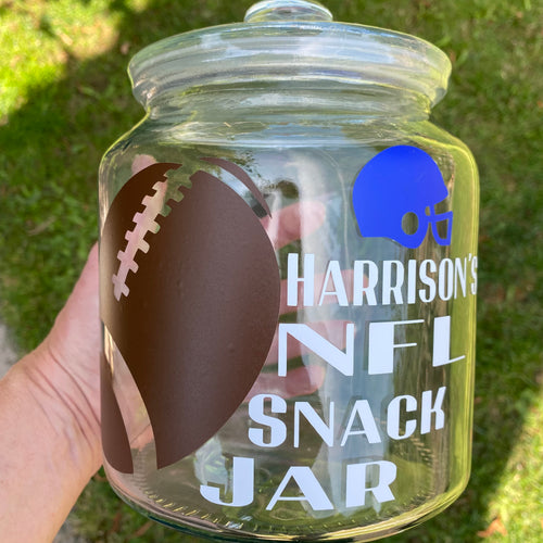 personalised NFL snack jar with american football image and helmet and your name