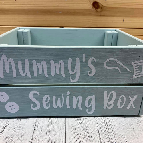 painted wooden crate personalised to keep sewing or knitting things in