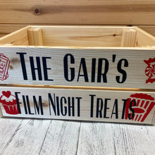 Load image into Gallery viewer, natural wooden crate personalised with your choice of text with popcorn sweet cupcake and ticket image
