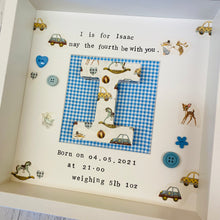 Load image into Gallery viewer, new baby personalised frame with initial in the middle
